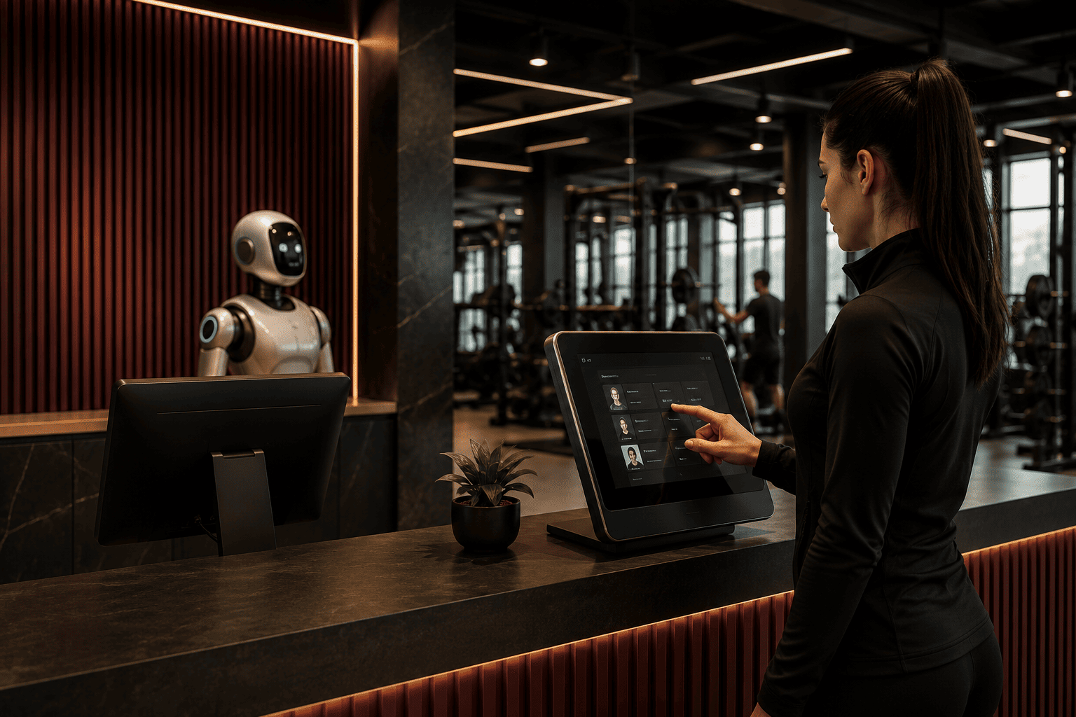 Modern gym reception with futuristic touchpoints - Gym Front Desk Automation